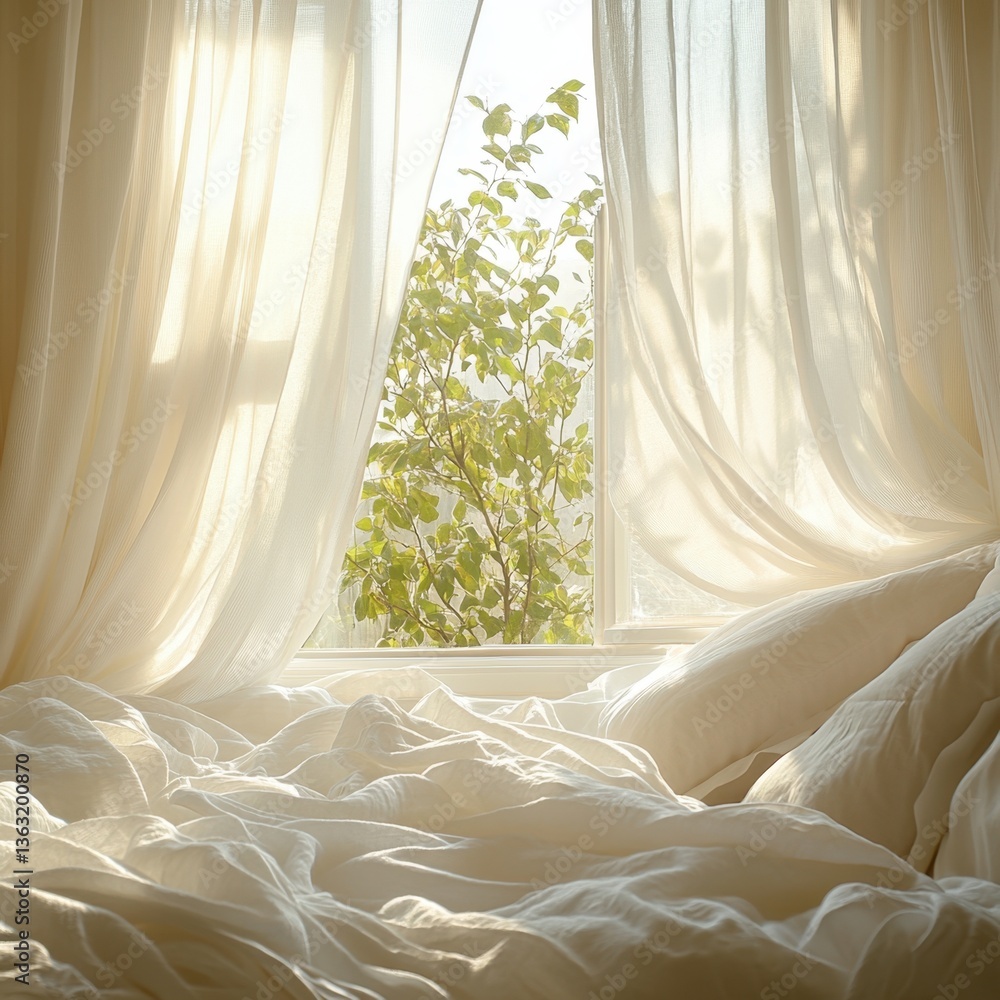 Poster serene morning light filtering through sheer curtains illuminating a cozy bed with a view of lush gr