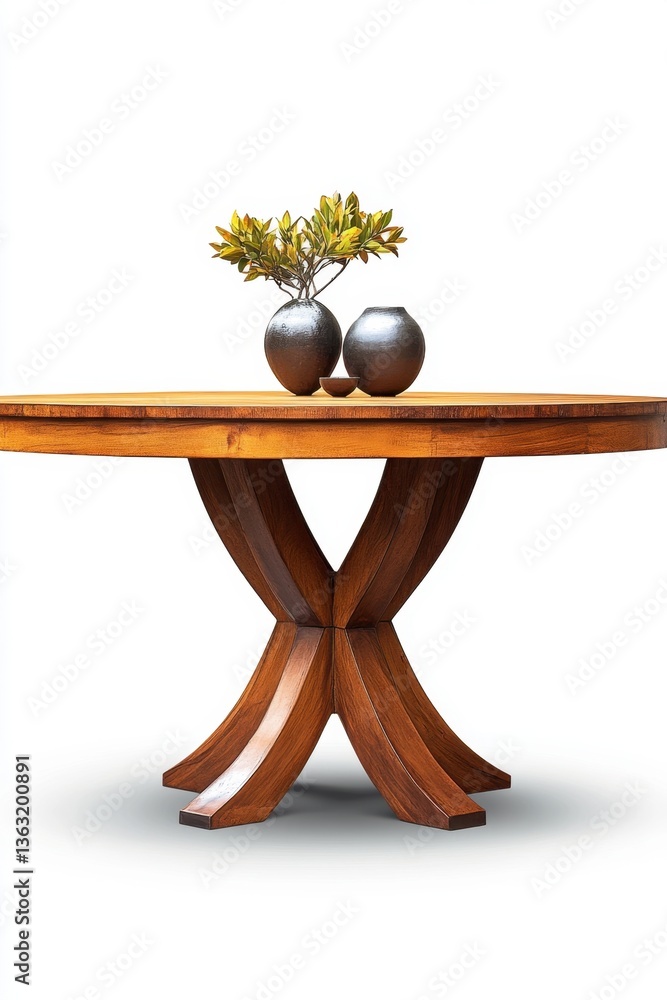 Poster elegant round wooden table with decorative vases and plant on a white background in a studio setting