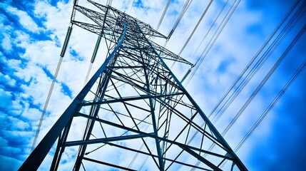 High Voltage Power Transmission Tower Under a Beautiful Blue Sky with Fluffy White Clouds