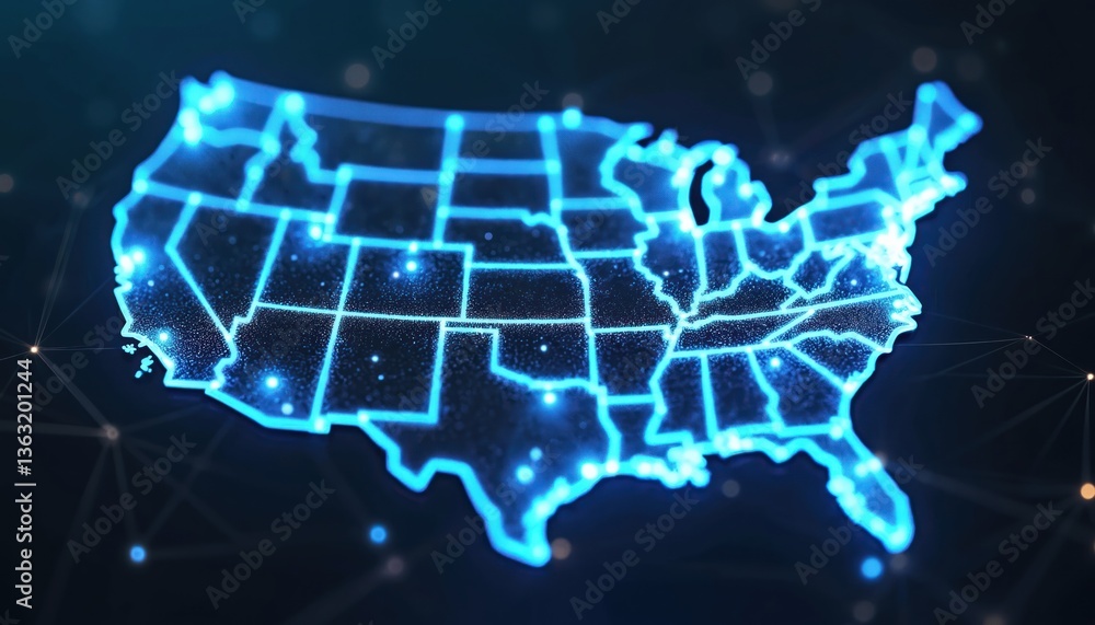 Poster Abstract digital map USA with glowing nodes connections. Futuristic network data visualization, global communication cyberspace. Modern tech concept. Perfect for backgrounds wallpapers digital