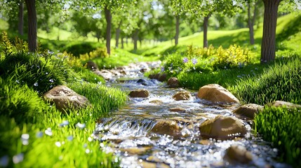 Lush Green Landscape with Flowing Stream and Sunlight Filtering through Trees
