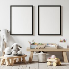 Two blank frames above children's toys and wooden furniture in a minimalist room.