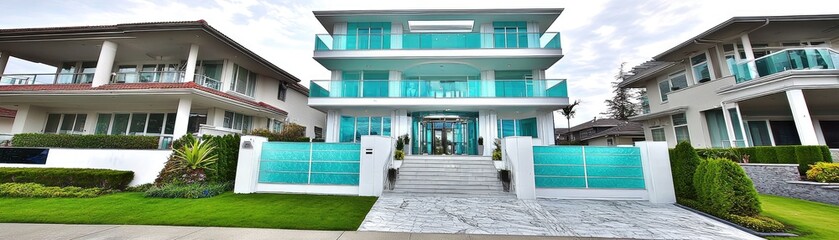 Modern teal house, driveway, landscaping. Real estate listing