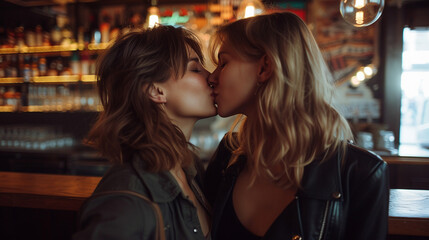 Two women share a romantic kiss in a cozy bar filled with soft lighting and a wooden counter