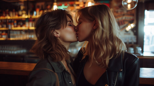 Two women share a romantic kiss in a cozy bar filled with soft lighting and a wooden counter
