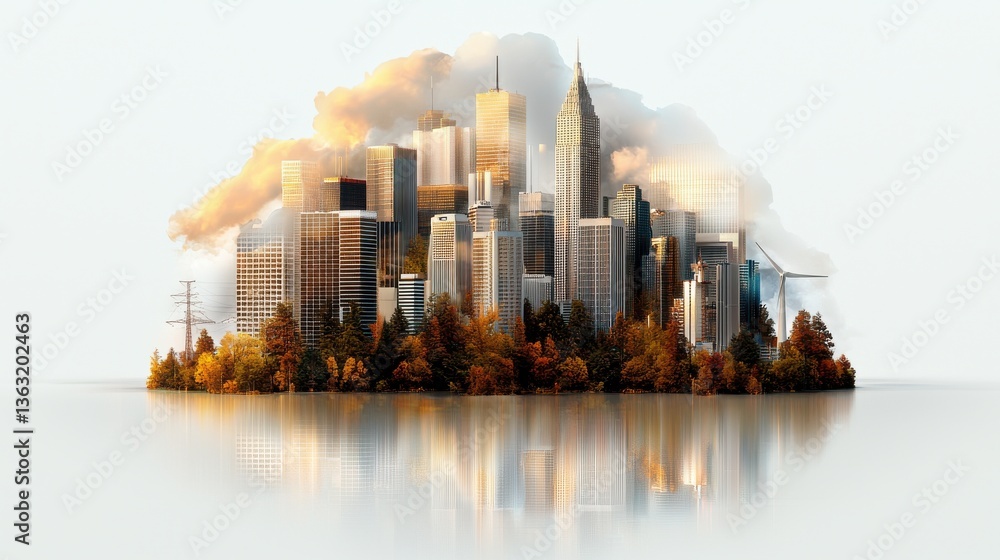 Poster a cityscape with a large island in the middle