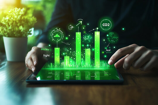 Businessman using a tablet with a green bar graph icon of sustainable development, lasers, and a rising arrow up to zero in an office, on a wooden table background - Powered by Adobe