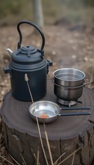 Camping kettle and cookware on a wooden stump in nature  