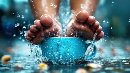 An engaging image of feet splashing water from a vibrant cup showcases playfulness and spontaneity, evoking feelings of joy in a delightful and refreshing manner.