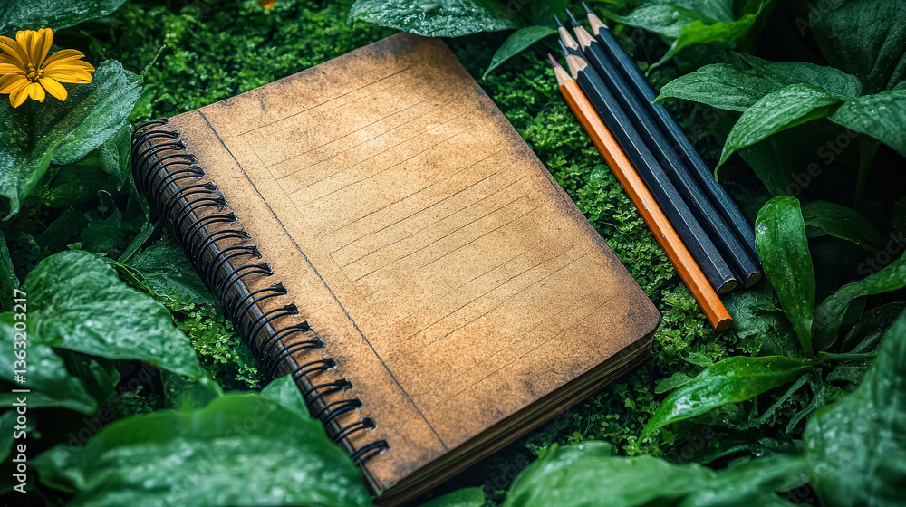 Poster notebook and pencils are on a leafy green background. the notebook is open to a blank page, and the 