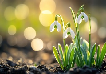 Spring awakening, snowdrop flowers blooming in sunlight, soft bokeh background, vibrant natural scene, fresh green leaves, white petals, warm light, earthy soil, serene ambiance