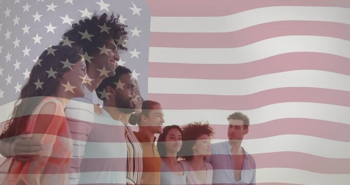 Standing together with American flag overlay, diverse group showing unity