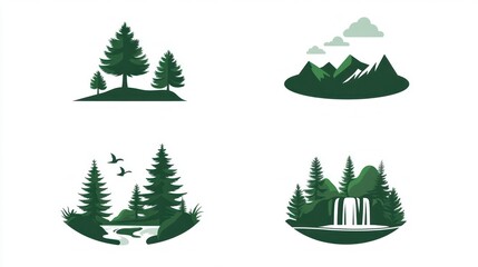 Fototapeta premium Nature icons trees, mountains, waterfall, birds