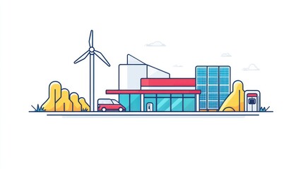 Eco-friendly gas station with solar panels and wind turbine