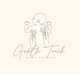 Baby massage studio label with lettering gentle touch drawing in minimalist style with pastel color
