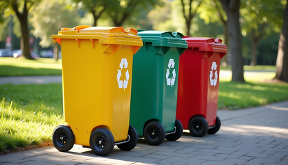 Colorful recycling bins in park
