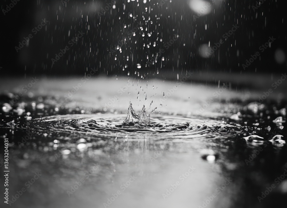 Aufkleber rain falling on water surface creating ripples and splashes in black and white