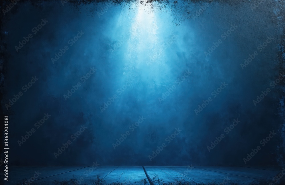 Poster abstract blue background with bright center spotlight, dark vignette border frame. vintage grunge te