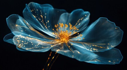 Glowing blue flower with golden pollen on black background.