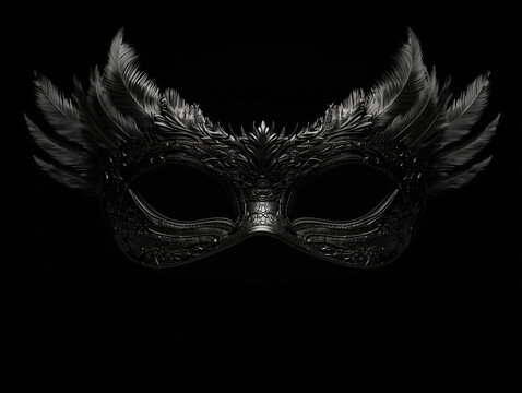 Black feather masquerade mask with ornate detailing on dark background