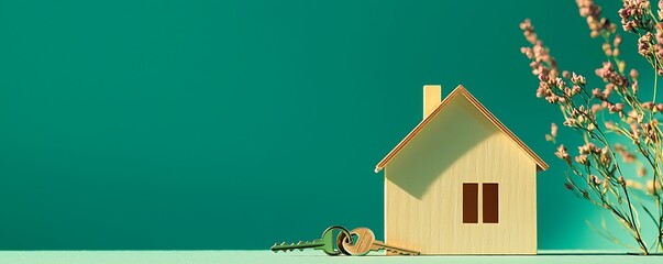Wooden house model paired with keys on a vibrant green background, emphasizing security and ownership