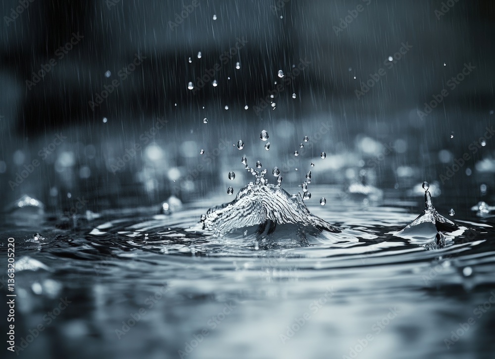 Aufkleber rain falling on water surface creating ripples and splashes