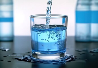A clear liquid being poured into a glass with bubbles, blue background, bright lighting