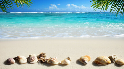 Breathtaking Summer Beach Concept: Pristine white sand with gentle ripples, crystal-clear turquoise water, sun-kissed seashells, coral fragments, and lush palm leaves under a vivid blue sky.