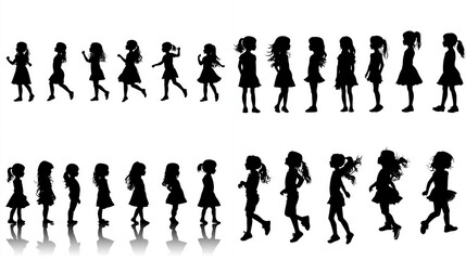 Silhouettes of Diverse Young Girls in Various Poses and Actions