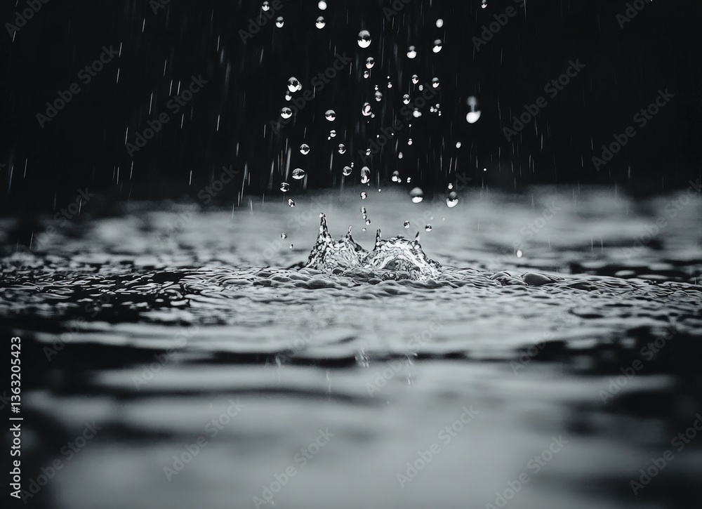 Poster Raindrops falling on water surface creating ripples and splashes in gray tones