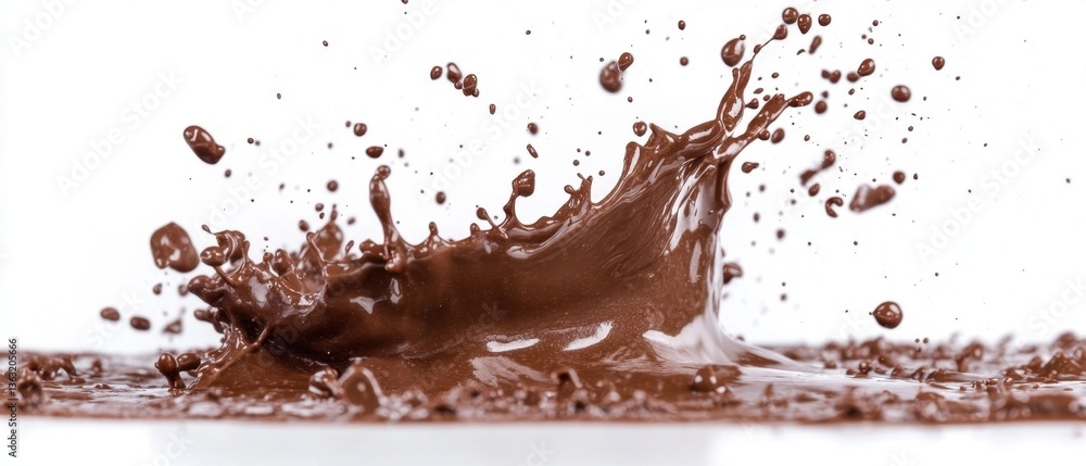 Poster dynamic chocolate splash on white backdrop capturing intense motion and rich texture for culinary an