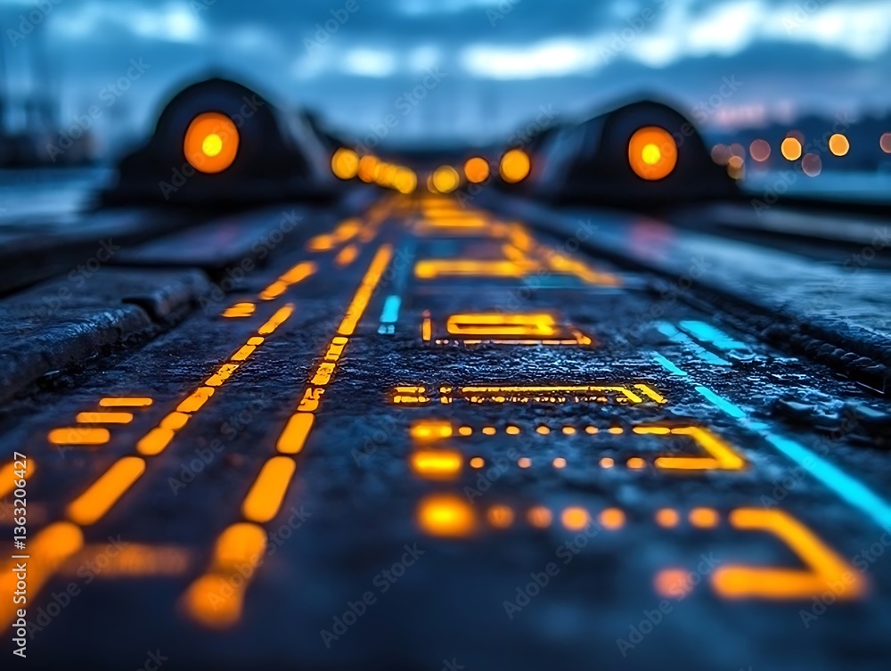 Poster abstract illuminated railway tracks with vibrant futuristic circuit design