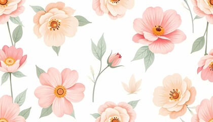A vintage-inspired floral pattern with gentle pastel flowers, featuring soft petals and delicate brush strokes. The background is clean white, allowing the warm and cool flower tones to stand out beau