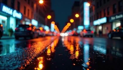 Obraz premium Abstract late-night city lights reflecting on wet pavement, detail, texture