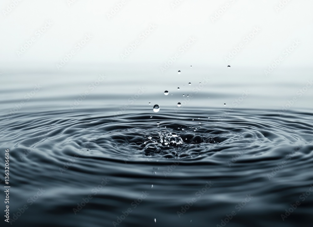 Poster Raindrops falling on water surface creating ripples and splashes