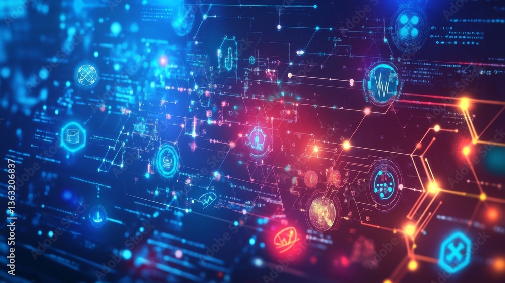 Poster exploring innovations in data visualization technology global tech summit digital content futuristic