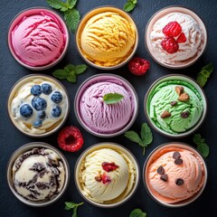 Delightful assortment of colorful ice cream scoops in bowls on dark background viewed from above capturing a summer vibe and delicious treat