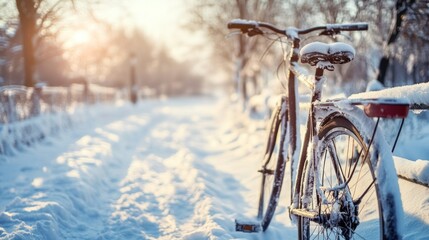 A snow covered bicycle stands beside a snow laden pathway