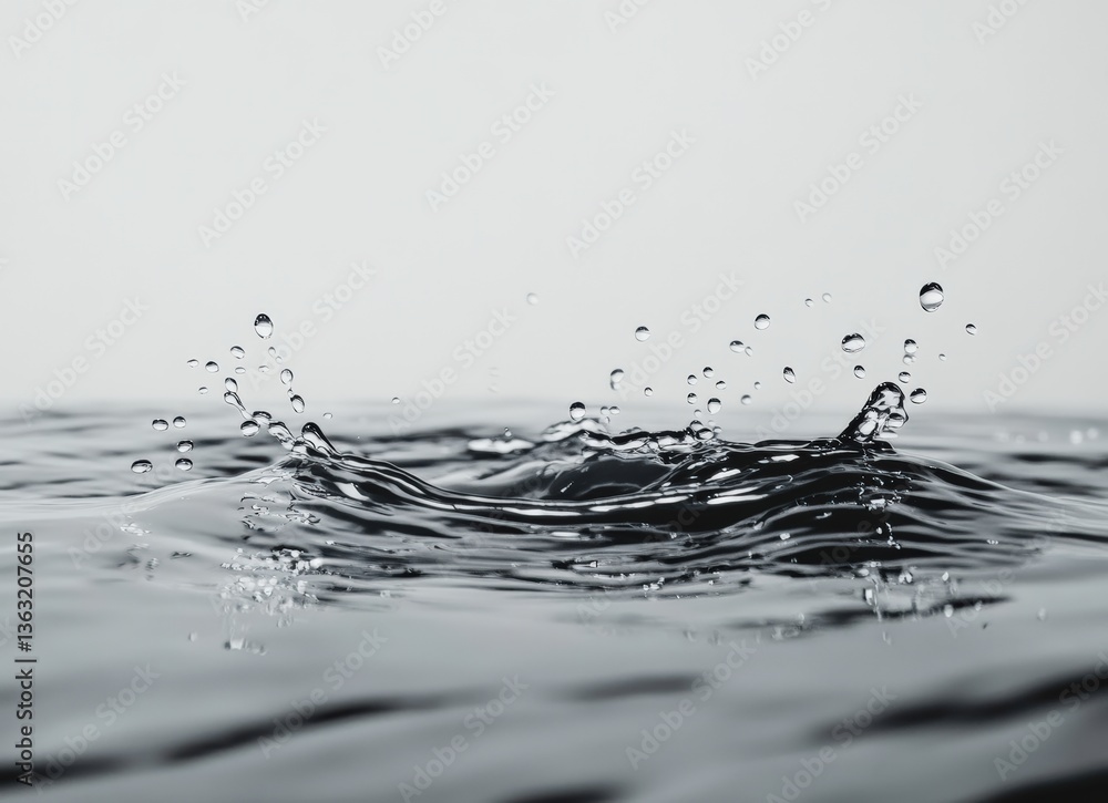 Poster Raindrops falling on water surface creating ripples and splashes
