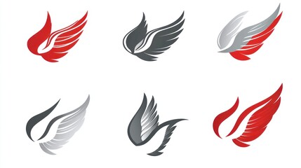 Fototapeta premium Six stylized wing designs; red, gray, black; white background; logo design