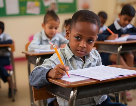 little child taking notes on notebook during lesson and teacher helping students with homework in a classroom