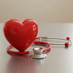 Red heart with a stethoscope on a metallic surface, symbolizing heart health, medical care, and cardiology. Premium lighting, realistic textures, and 1:1 format.
