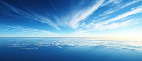 Ethereal blue sky panorama with wispy clouds above a sea of clouds aerial perspective serene atmosphere tranquil scene horizon view
