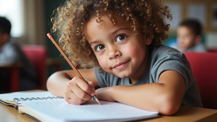 little child taking notes on notebook during lesson and teacher helping students with homework in a classroom