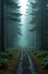 Obraz premium Mystical illustration of foggy forest path. Trees, green foliage, create mysterious atmosphere. Trail leads into the unknown, perfect for travel, adventure, nature, outdoor projects.