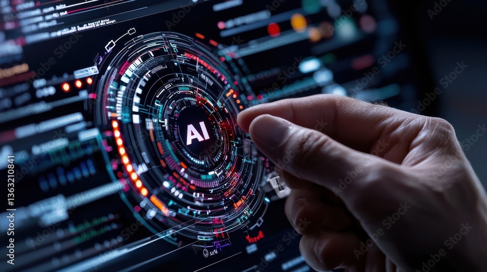 Poster A hand is pointing at a glowing circle with the letters AI on it