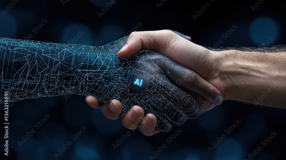 Poster a hand is shaking another hand with the letters ai on it