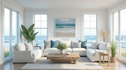 Minimalist coastal retreat-inspired living room with a white slipcovered sofa, a driftwood coffee table, and a framed mockup with a seascape