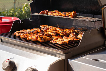 Delicious Chicken Cooking on a Gas Barbecue Grill During Outdoor Gathering