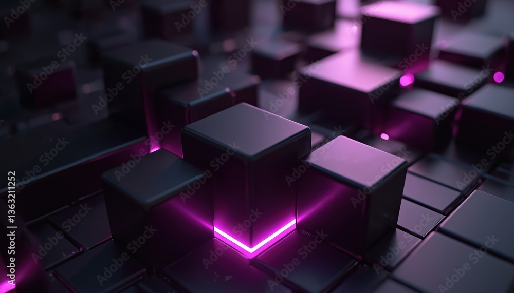 Poster abstract 3d render of black cubes with purple neon lights. geometric design on black background. mod